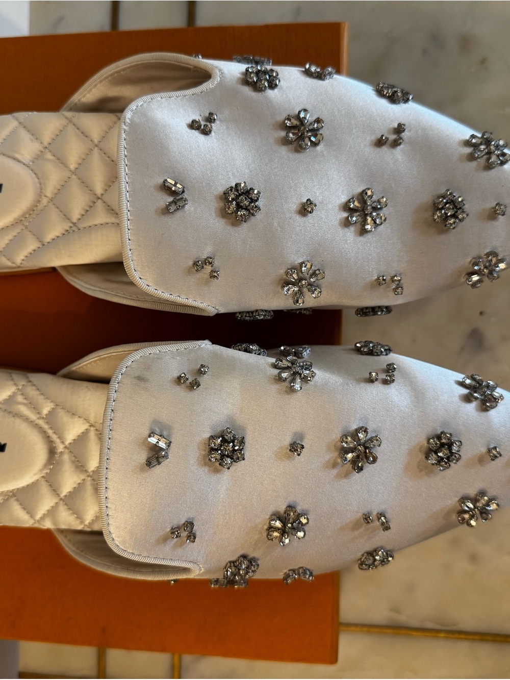 Birdies Women's White Jeweled Satin Mules - Picture 3 of 13